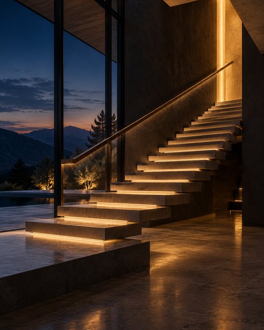 A staircase inside a contemporary glass-walled residence at blue hour, lit by a single warm line of light.